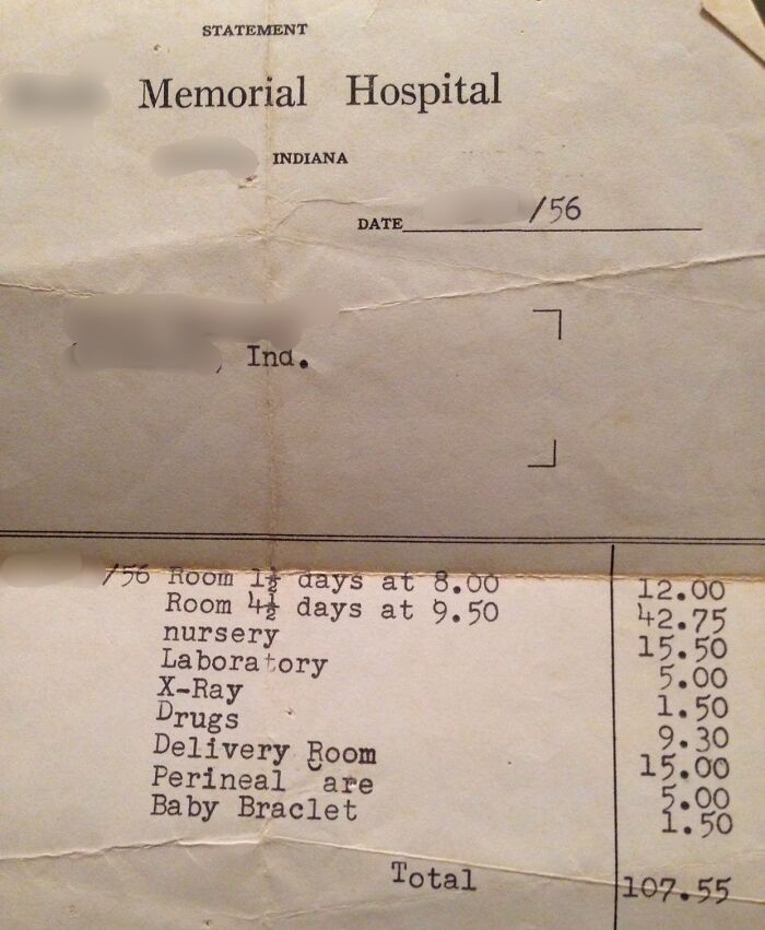 Old hospital bill from Indiana, 1956, listing charges for room, laboratory, and delivery—classic example of cool-old-things.