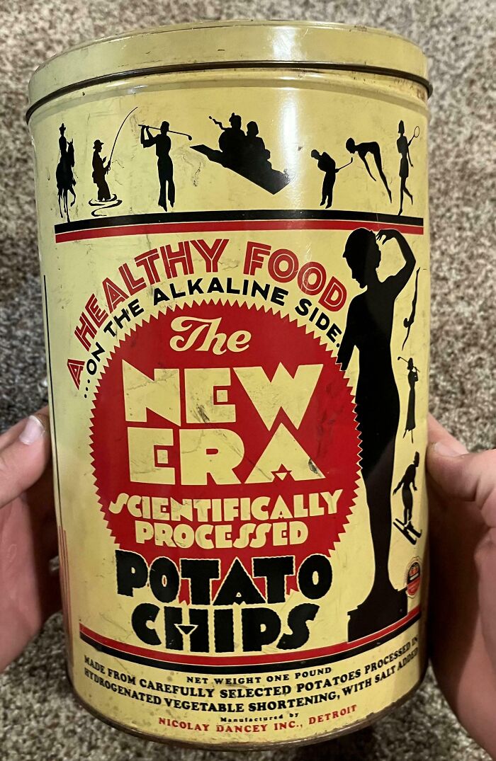 A vintage tin of "New Era" potato chips, showcasing nostalgic packaging, exemplifying Cool-Old-Things.