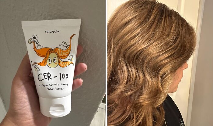 Hand holding a CER-100 product with illustrated design; hair showing results of using cult favorite item.