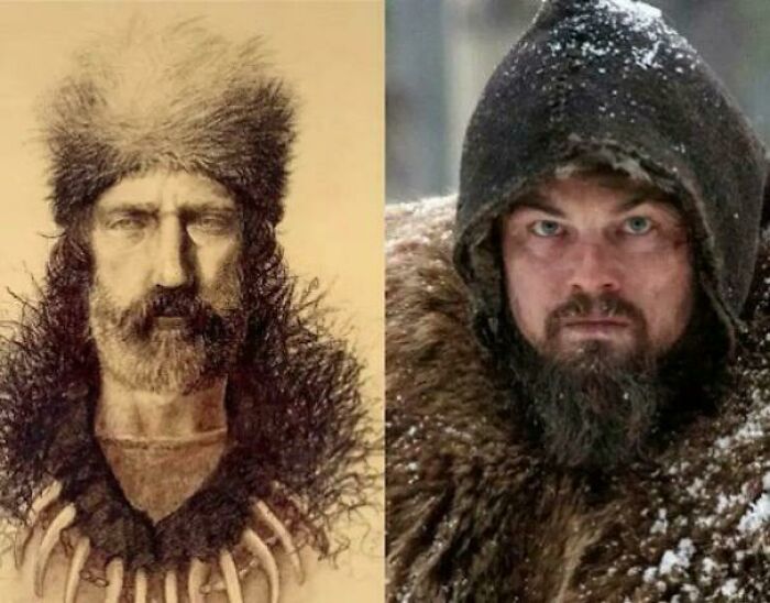 Drawing of a bearded man in fur hat alongside an actor in snowy, fur coat scene; an interesting fact comparison.