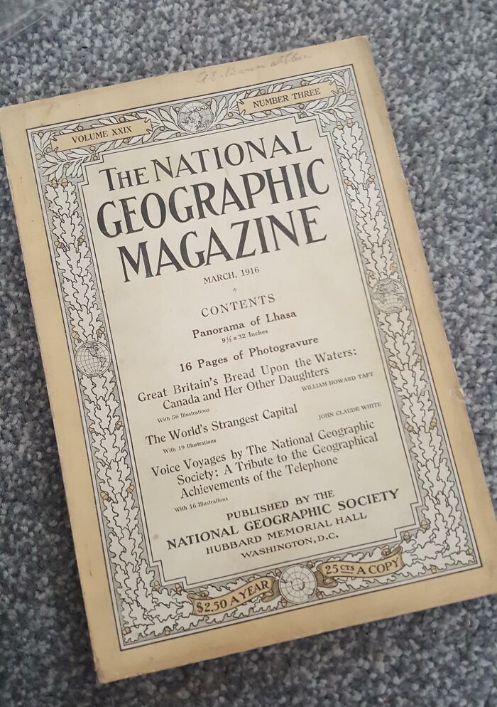 Vintage 1916 National Geographic Magazine on a carpeted floor, representing cool old things.