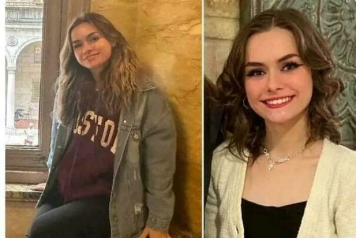 Two women posing for the camera, one in casual attire, the other in a formal outfit, sharing interesting facts.