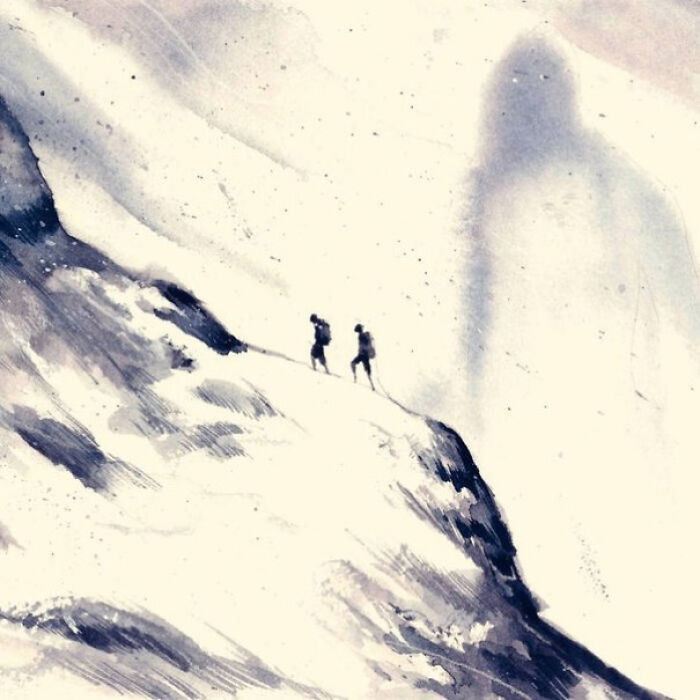 Two hikers on a snowy mountain with a mysterious shadow, illustrating interesting facts about nature.