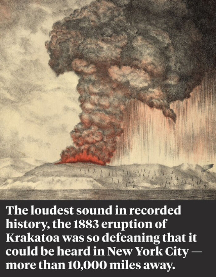 Illustration of Krakatoa eruption, 1883, with smoke and lava; an interesting fact about its loudness is depicted.
