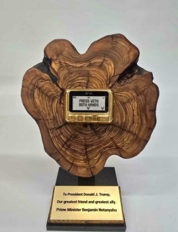 Wooden sculpture with digital screen displaying press instructions, symbolizing modern life and boring dystopia.