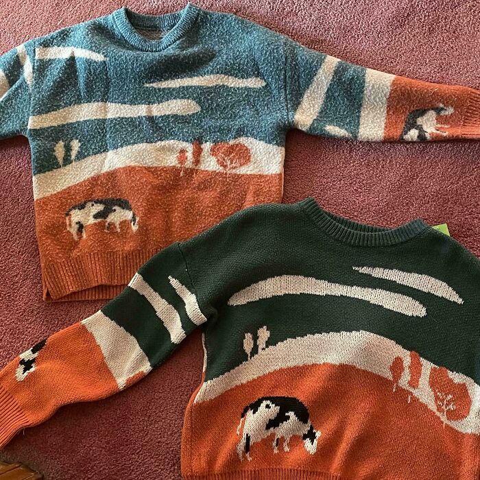 Vintage sweaters with cow patterns found while thrifting.