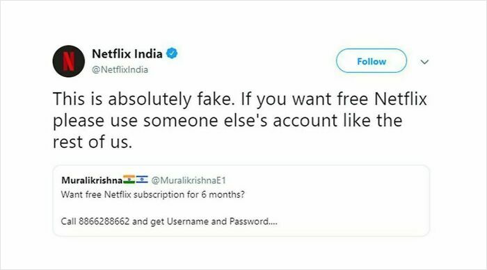 Netflix India tweet mocking a scam offer, showcasing future predictions aged bad.