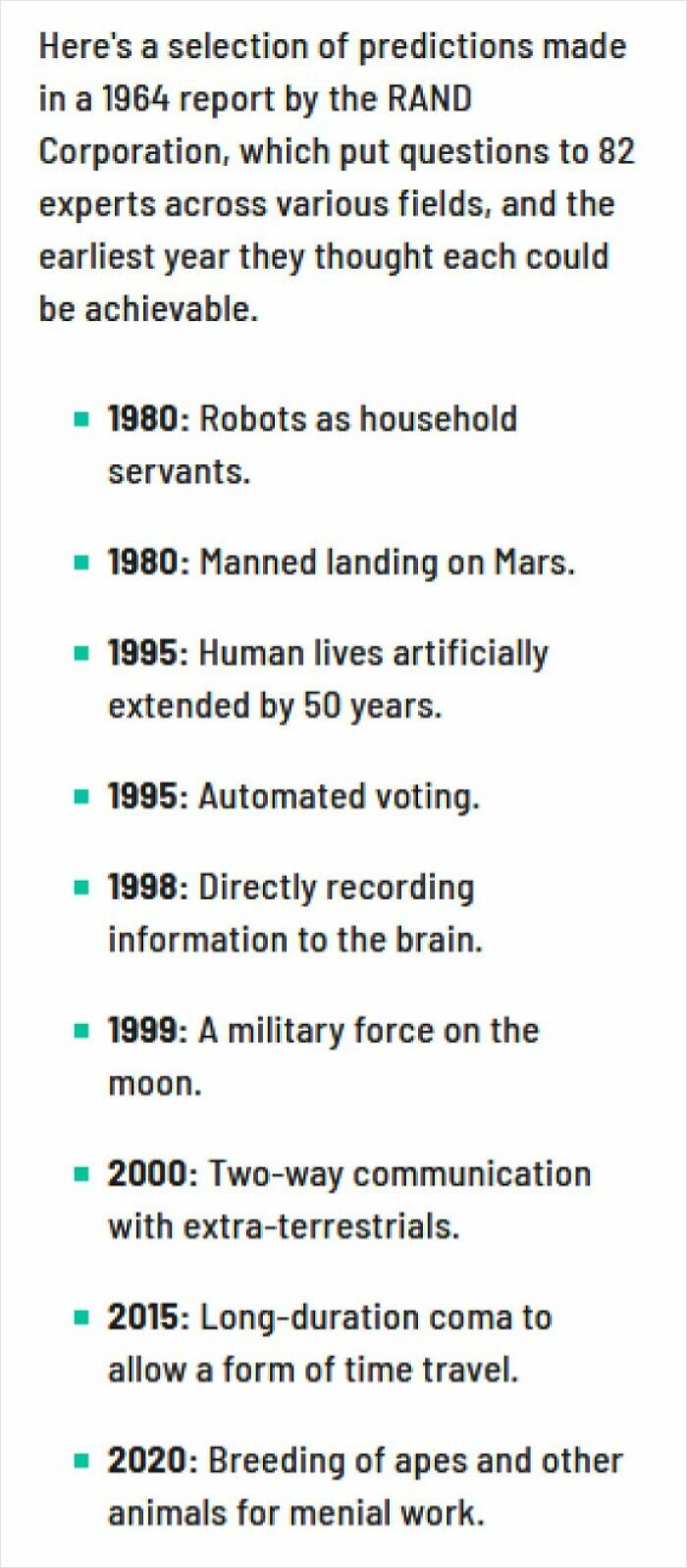Image of a 1964 RAND report listing future predictions aged bad, including robots and Mars landing by 1980.