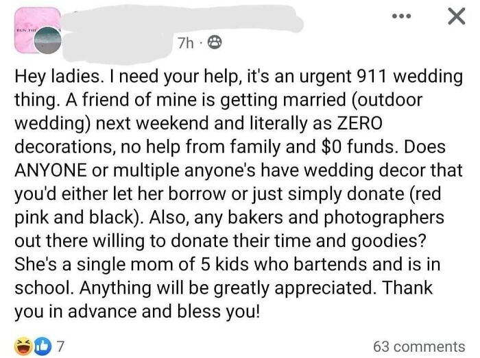 Post seeking help for a budget wedding, asking for decor and vendor donations, highlighting wedding planning challenges.