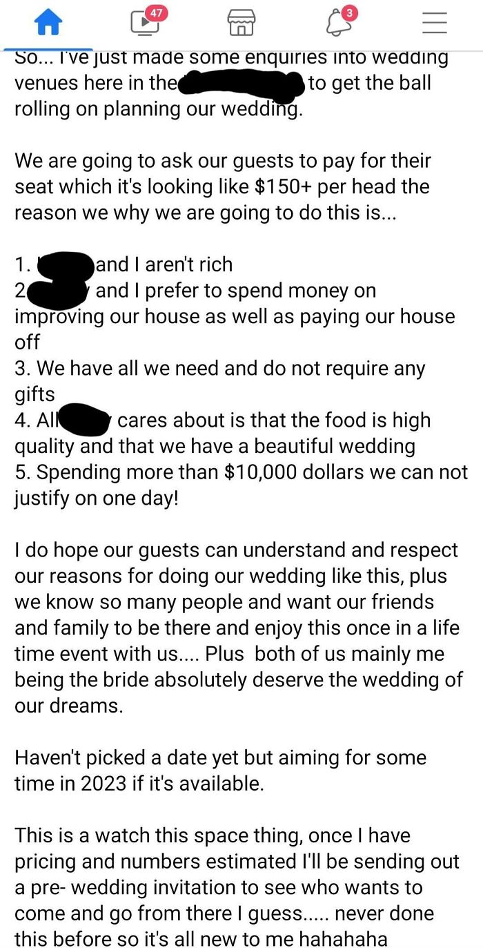 Screenshot of a message discussing budget-wedding-fails, highlighting guests paying $150 each to attend.