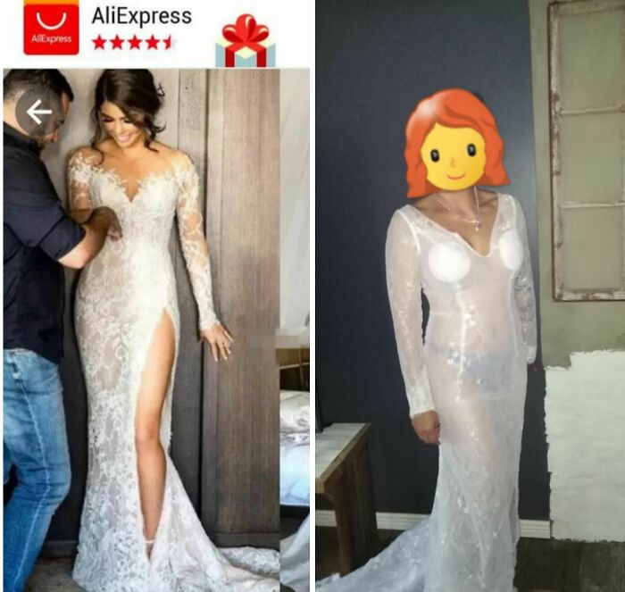 Budget wedding fails: comparison of an online wedding dress versus its real-life version.