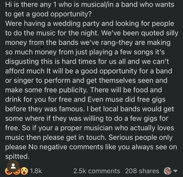 Text post seeking free band for wedding, highlighting typical budget-wedding request, with reactions displayed below.