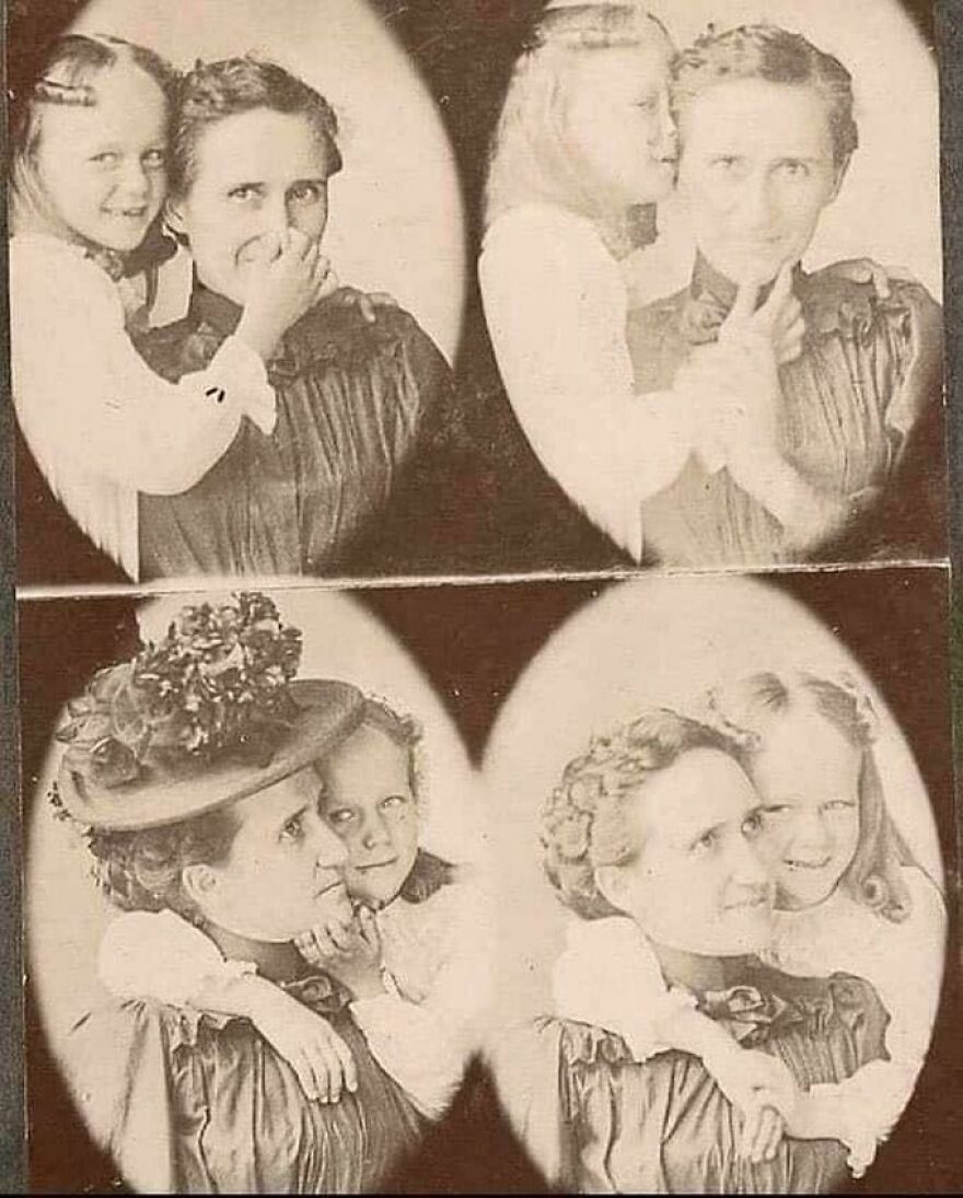 Historical photos showing a woman with a child whispering, smiling, and embracing, captured in a vintage style.