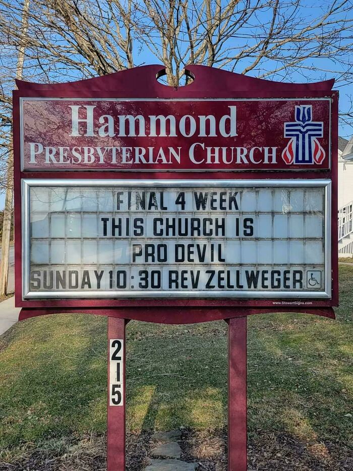 Funny sign on church board reads "This church is pro devil" under "Final 4 Week".
