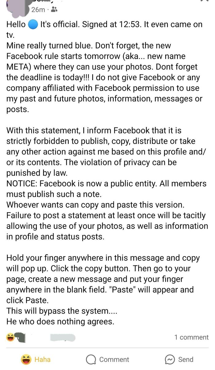 Facebook post sharing a privacy hoax, reflecting boomers' social media fails.