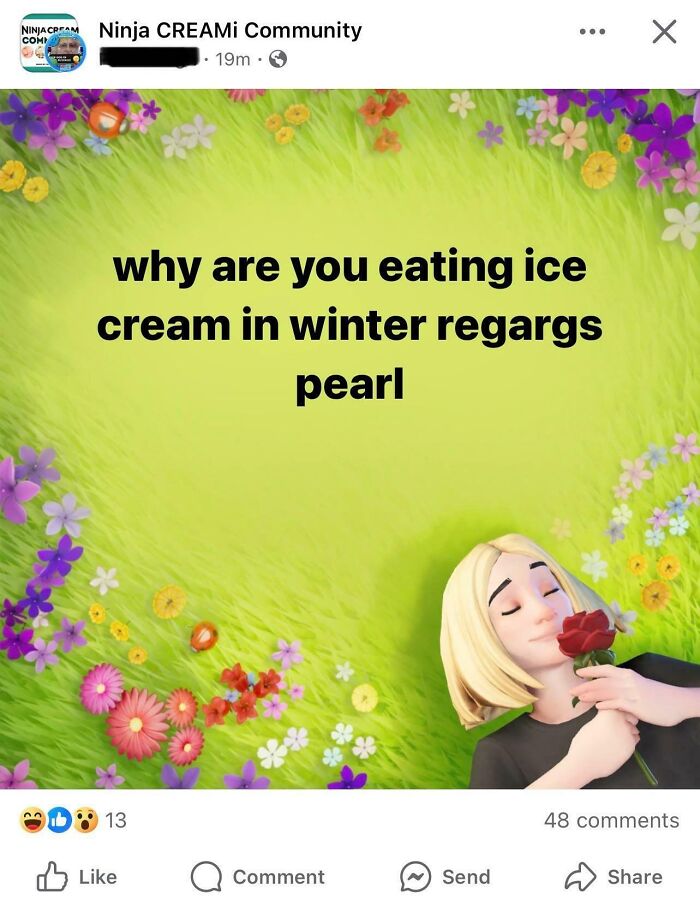 Cartoon of a person on floral background with humorous boomer social media comment about eating ice cream in winter.
