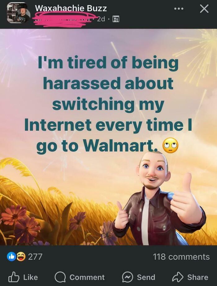 Cartoon character with thumbs up, expressing frustration about Internet change at Walmart, illustrating boomers social media fails.