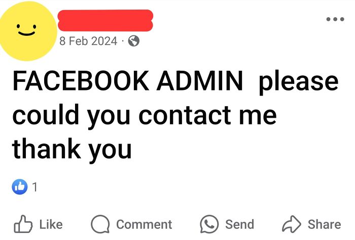 Boomers' social media fail with a Facebook post asking admin for contact.