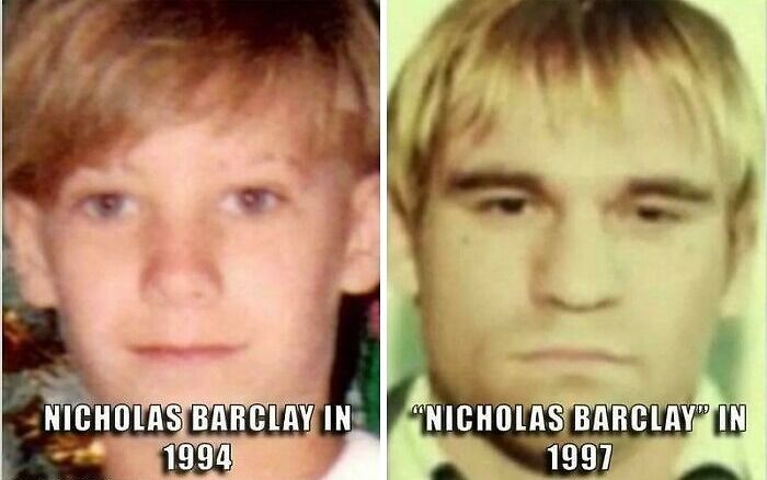 Two photos showing "Nicholas Barclay" in 1994 and "Nicholas Barclay" in 1997, possibly highlighting an interesting fact.