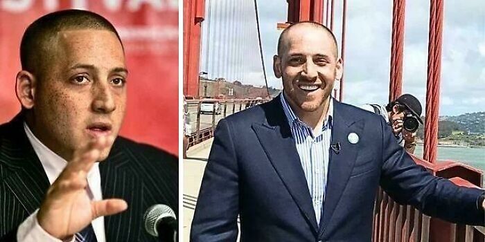 A person in a suit speaking and smiling on a bridge, sharing interesting facts in two side-by-side images.