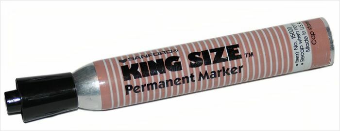Old-school item: A Sanford King Size permanent marker with a striped design on the body.