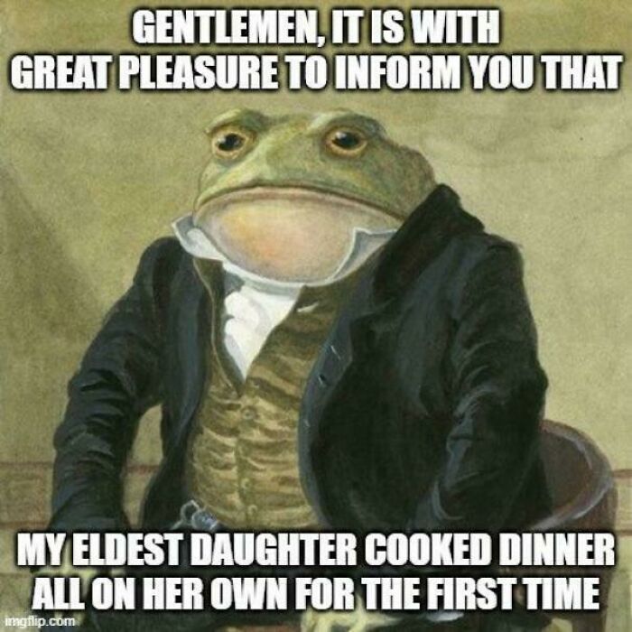 Illustration of a frog dressed as a gentleman announcing a parenting milestone in wholesome dad moments.