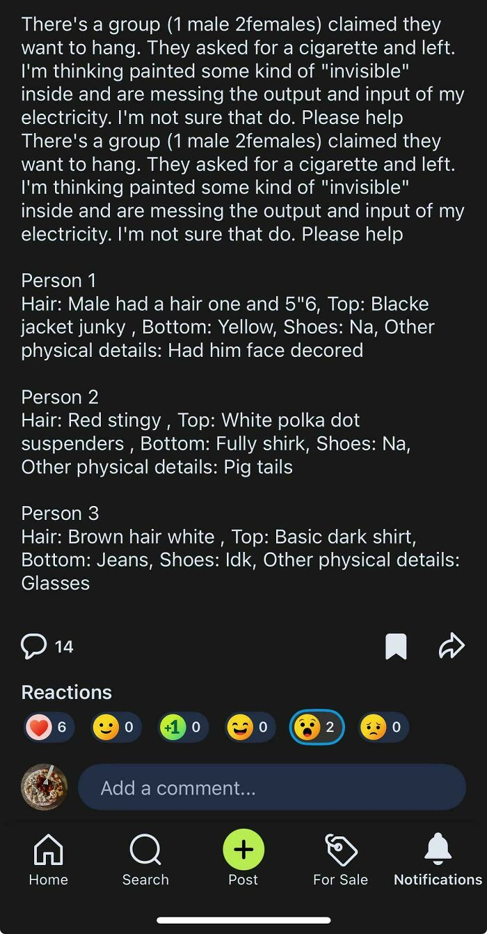 Screenshot of a wild post from a neighbors app describing suspicious group with detailed physical descriptions.