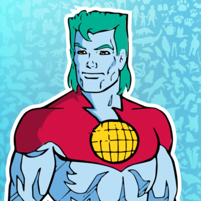 '90s cartoon superhero with turquoise hair and a red suit featuring a globe emblem.
