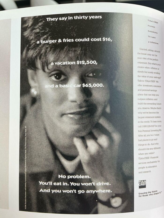 Black and white print ad featuring a woman with reflective quote on future inflation, representing Cool-Old-Things theme.