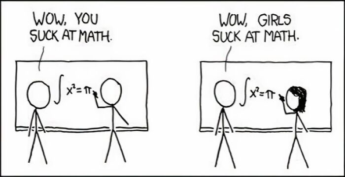 Stick figures at a board showing math bias, highlighting clueless misogynists with bad takes.