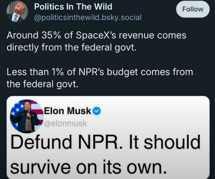 Tweet comparing SpaceX and NPR federal funding with Elon Musk’s controversial facepalm comment on NPR funding.