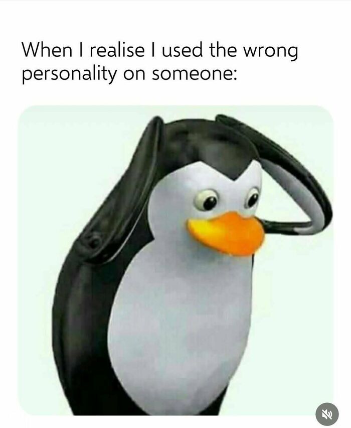 Penguin cartoon holding head in confusion with text about using the wrong personality, reflecting humor as a coping mechanism.