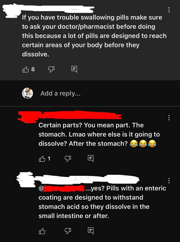 Online discussion roasting confidently incorrect claims about how pills dissolve in the body, highlighting enteric coating facts.