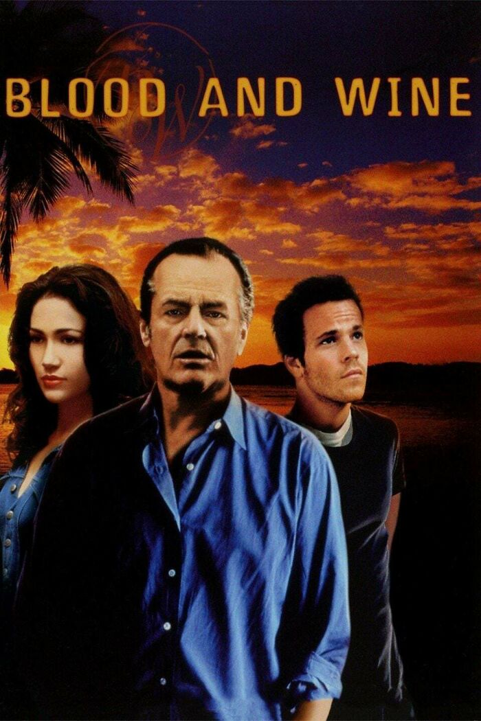 '90s movie poster featuring three people under a sunset background with palm trees.