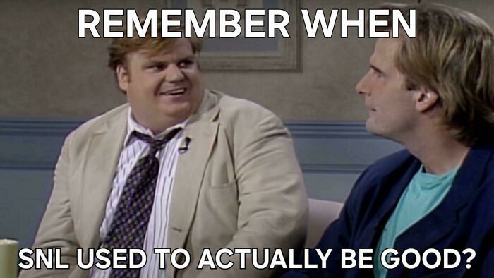 Two men in '90s attire on a show set with text: "Remember when SNL used to actually be good?" Celebrating '90s nostalgia.