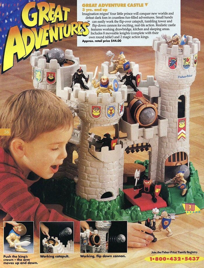 Child playing with '90s Fisher-Price Great Adventure Castle toy, featuring knights and action elements like a catapult and cannon.