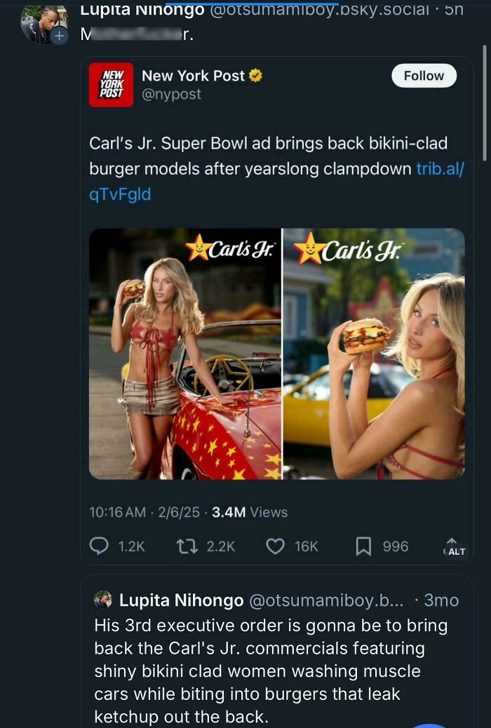 Carl's Jr. Super Bowl ad featuring bikini-clad model with burger, linking to predictions that came true.