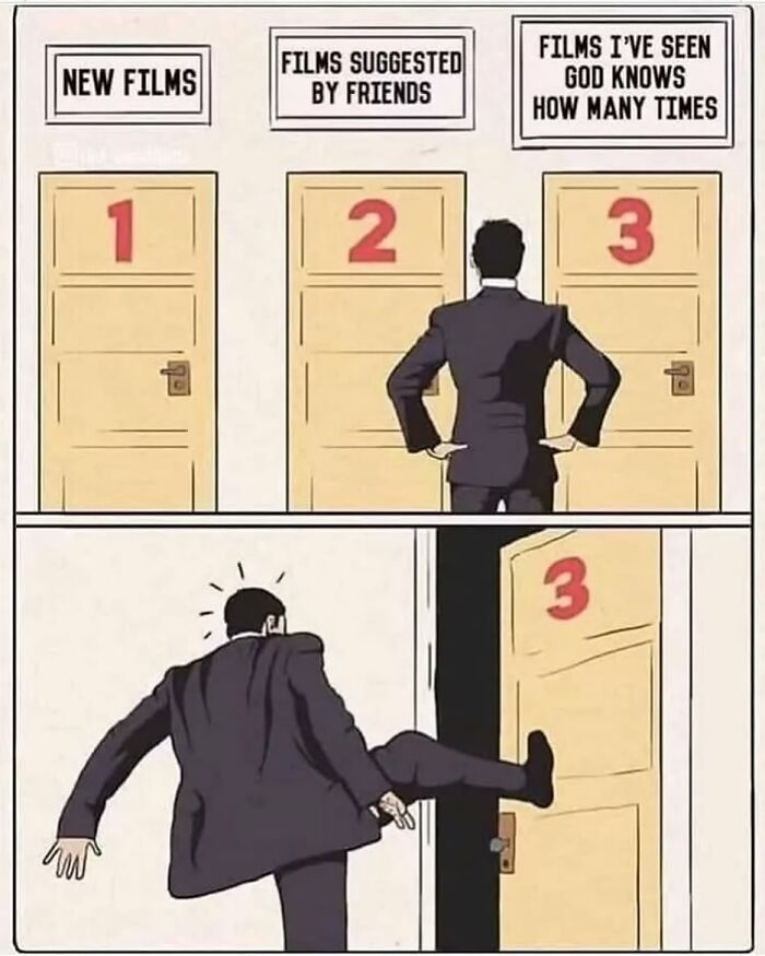 Man humorously choosing door marked as frequently watched films.