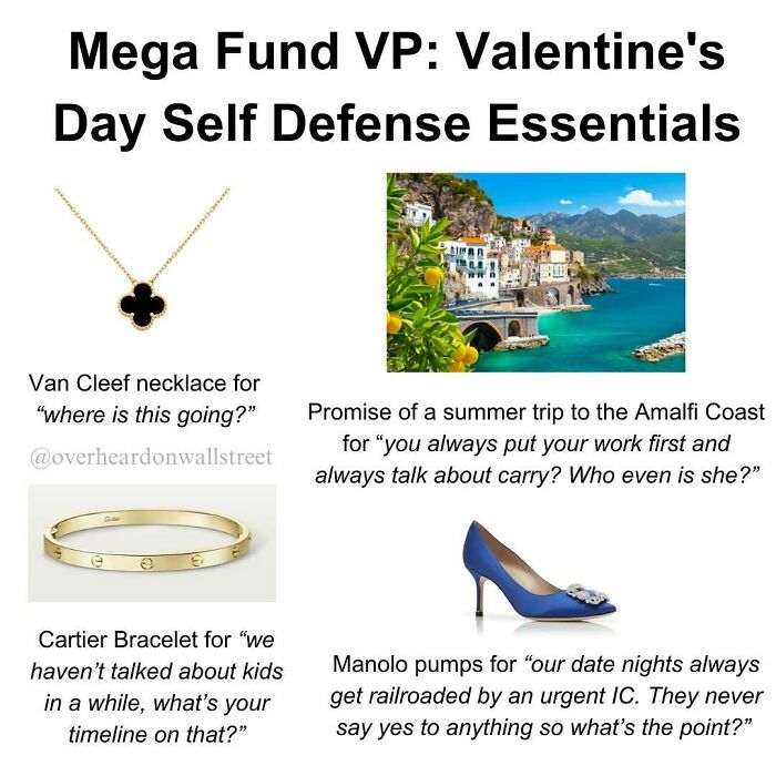 Wall Street meme featuring a Van Cleef necklace, Cartier bracelet, vacation promise, and Manolo pumps as "self defense essentials."