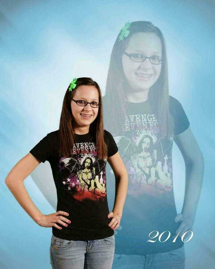 Teen girl with braces and green hair clip wearing an Avenged Sevenfold shirt in a regrettable past photo from 2010.