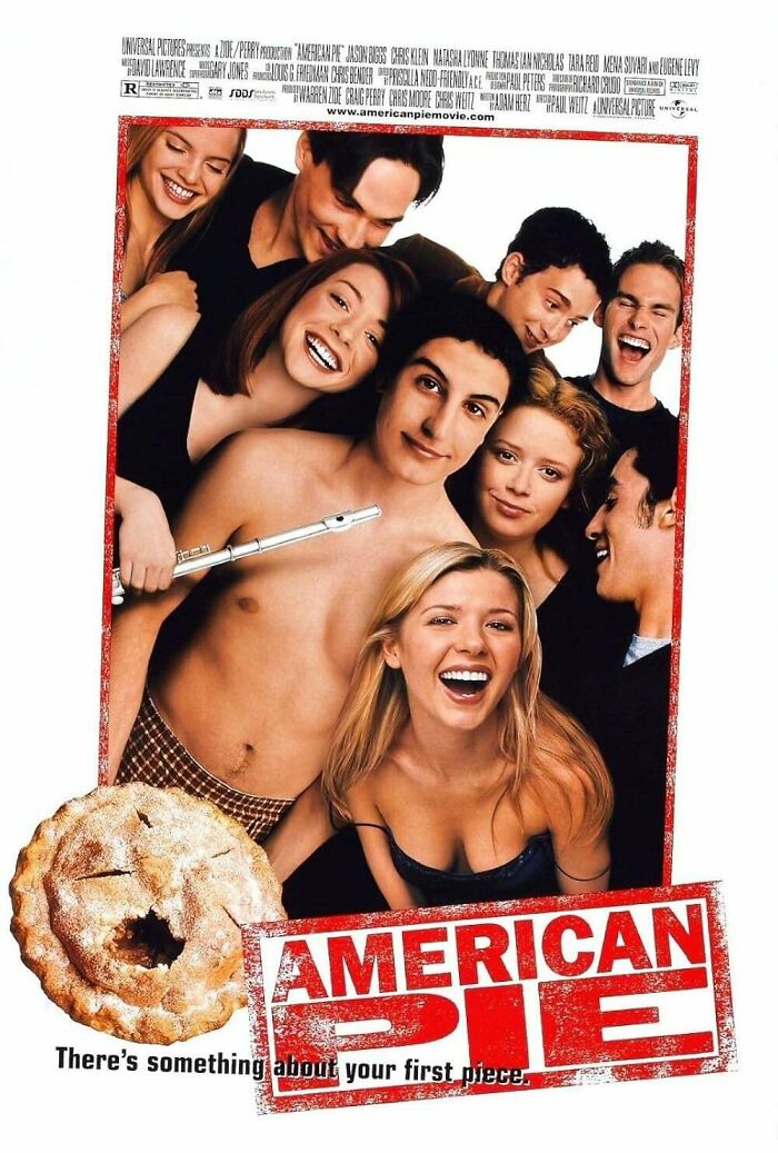 '90s movie poster with a group of smiling young adults, featuring a pie in the corner and bold red text.