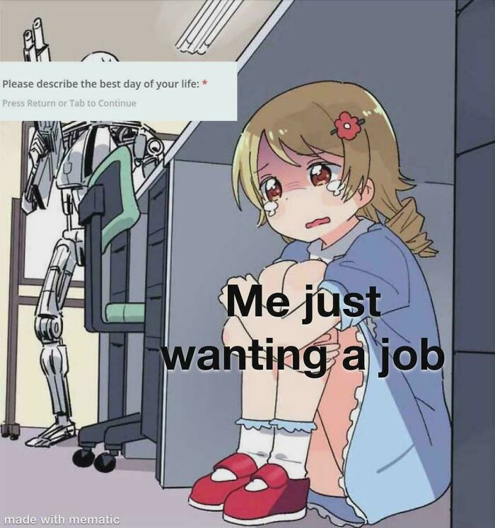 Anime girl crying under a desk with text overlay "Me just wanting a job," symbolizing recruiting struggles.