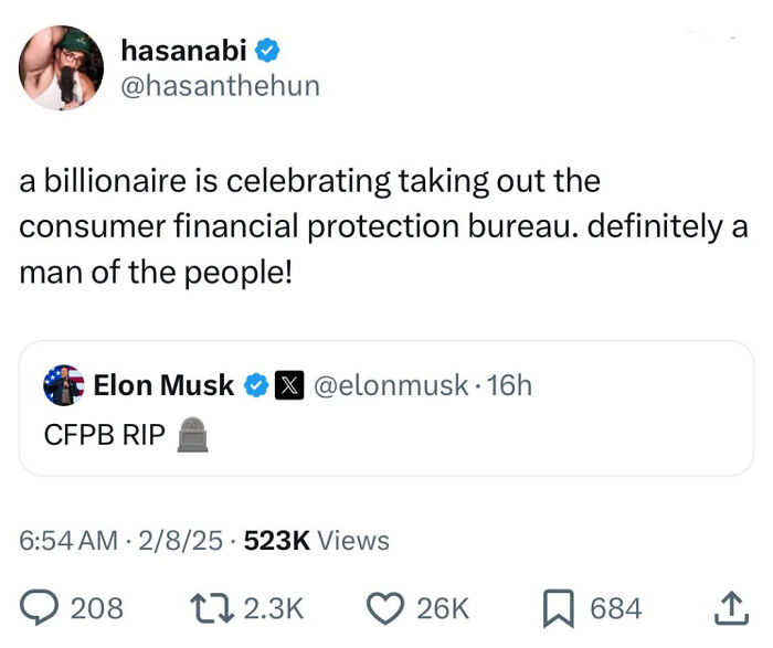 Tweet showing Elon Musk celebrating the end of the Consumer Financial Protection Bureau, highlighting facepalm moments.