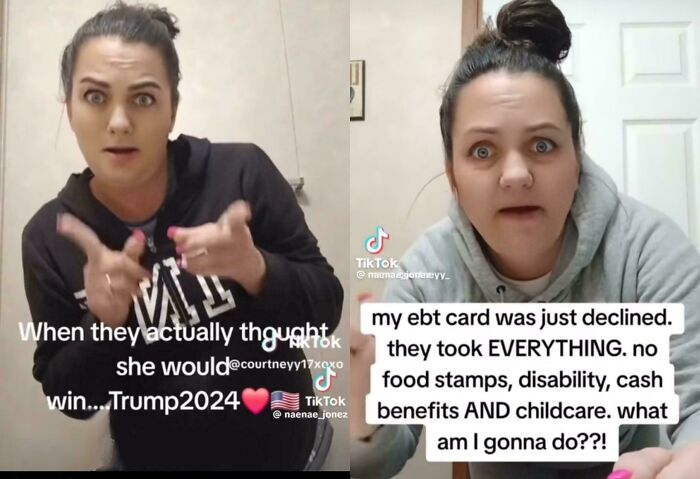 Two women expressing frustration in TikTok videos highlighting facepalm moments about declined EBT cards and social issues.