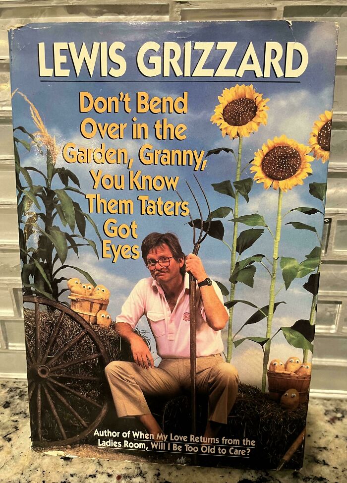 Terrible book cover featuring a man with gardening tools, surrounded by cartoonish potatoes and sunflowers.