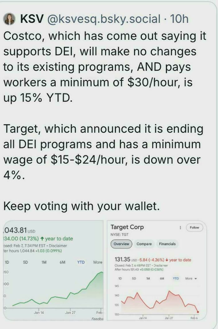 Tweet comparing Costco and Target DEI programs and wages with stock performance, highlighting facepalm moments and common sense issues.