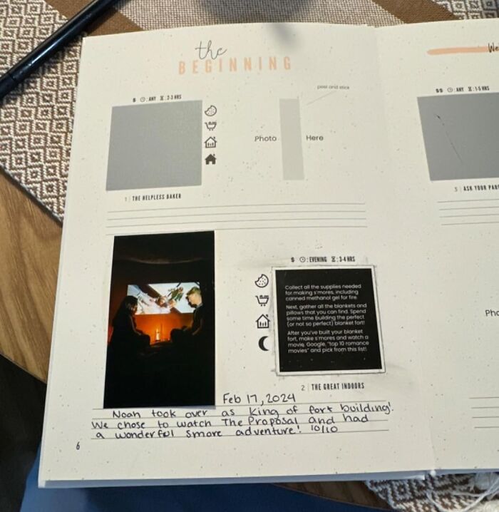 Scrapbook page featuring a cozy setup for long-term couples with handwritten notes and a photo of two people watching a screen.