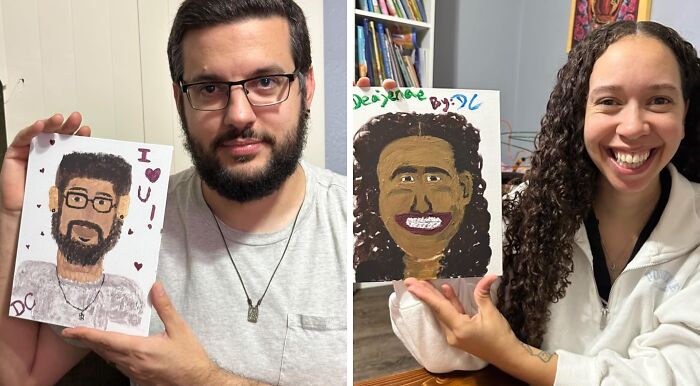 Couple holding portraits they painted of each other, celebrating V-Day for long term relationships at home.
