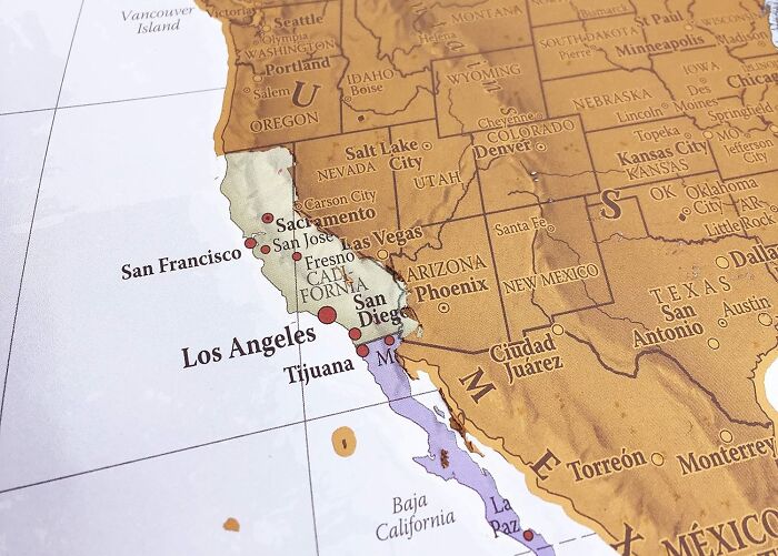 Map highlighting cities on the U.S. West Coast, including Los Angeles and San Francisco, ideal for long term couples planning V-Day.