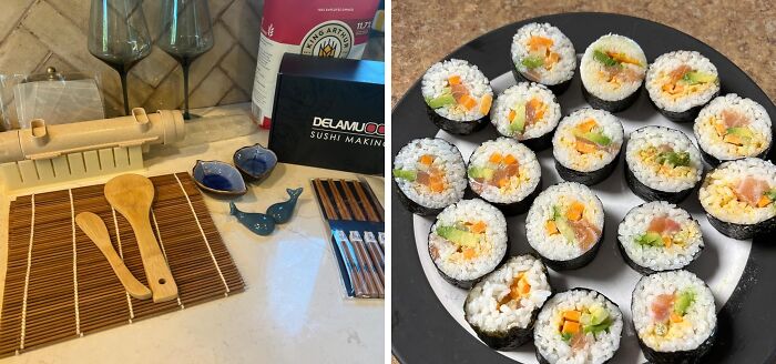 Sushi-making kit and homemade sushi rolls, perfect activity for long term couples on V-Day.